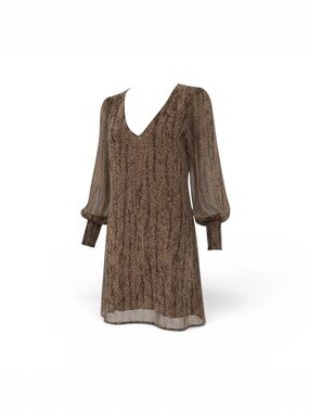 Rory Beca Brown V-Neck Balloon Sleeve Mini Silk Dress